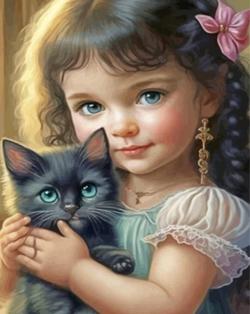 Little Girl And Black Kitten Painting By Numbers