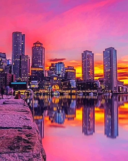 finalizing Fan Pier Boston Skyline Paint By Numbers Artwork