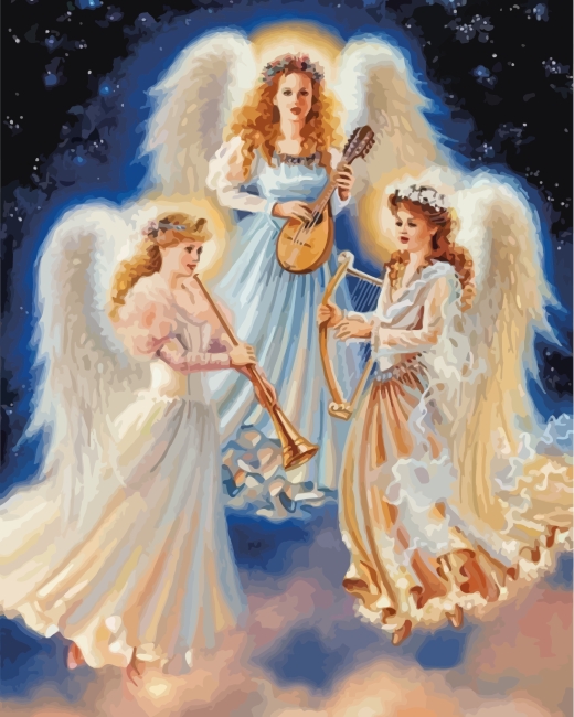 Final touches on Angelic Musicians with Oud Paint By Numbers artwork