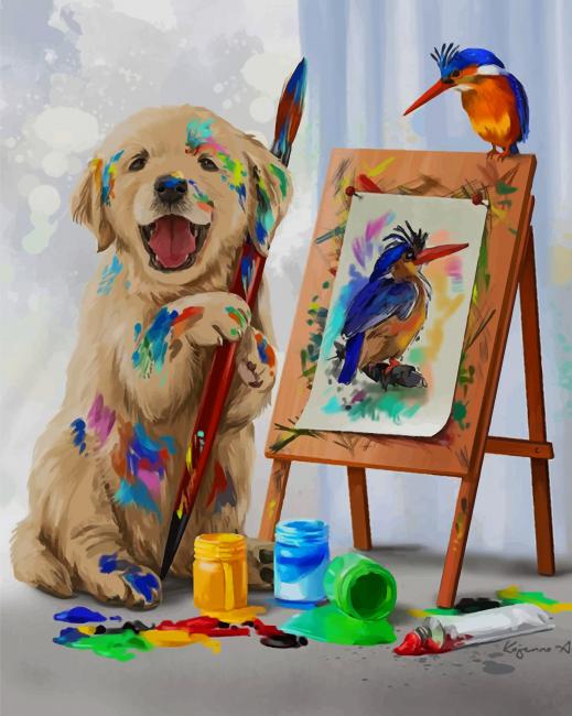 Finalizing the Colorful Puppy and Woodpecker Friendship Paint By Numbers artwork